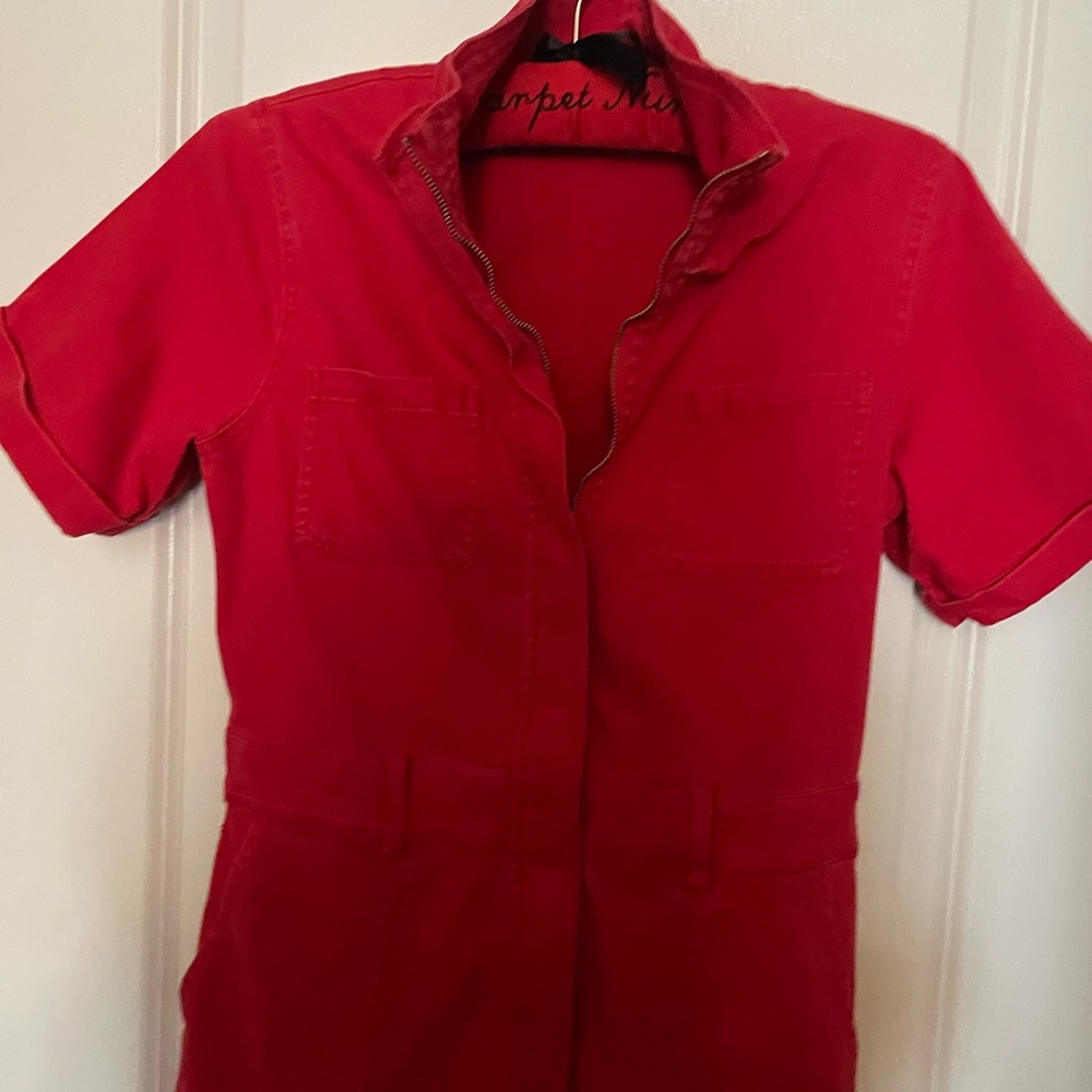 Red Short Sleeve Denim Jumpsuit Boiler Suit - Picture 8 of 11